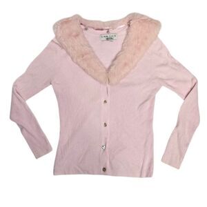 VINTAGE Y2K soft pastel pink detachable faux fur collar kawaii ribbed cardigan S